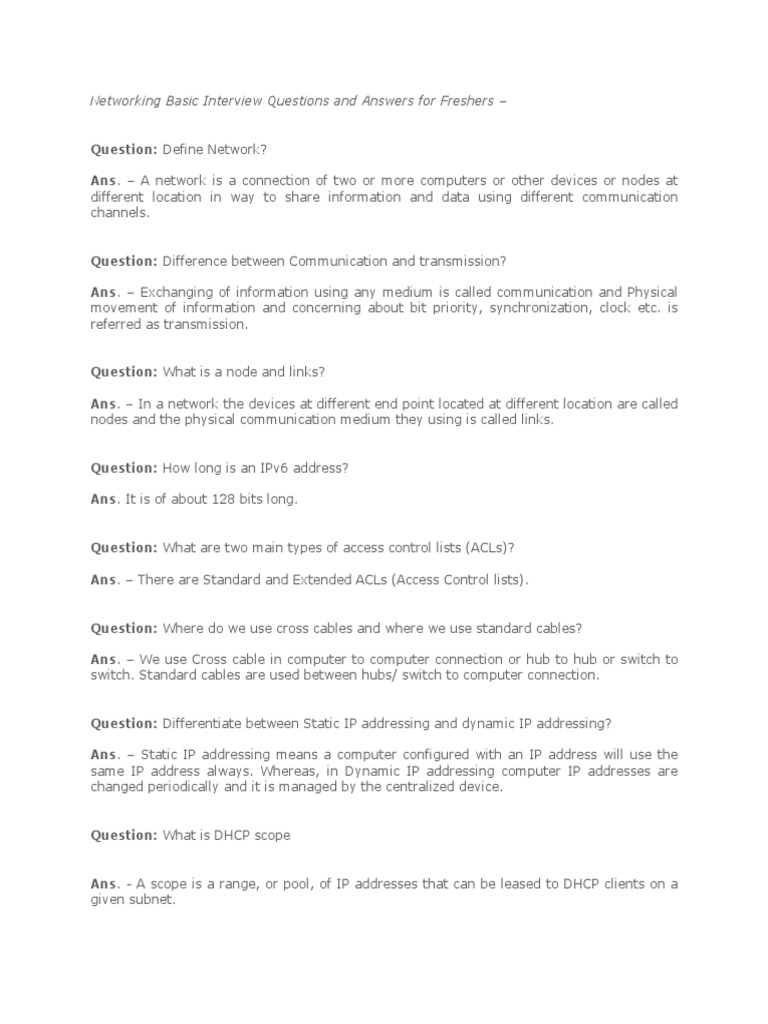 answers questions network and switch & Networking and Basic Answers Questions Ccna Interview