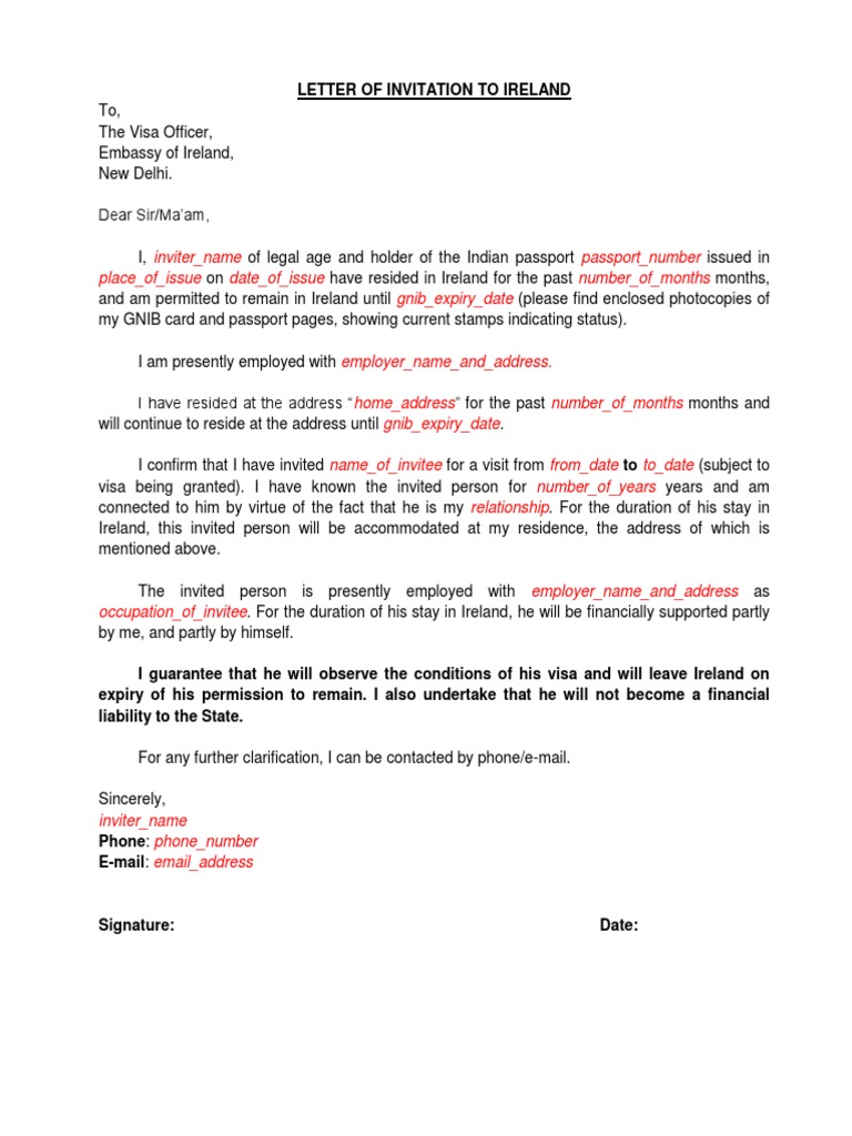 Letter Of Invitation To Ireland Travel Visa Passport