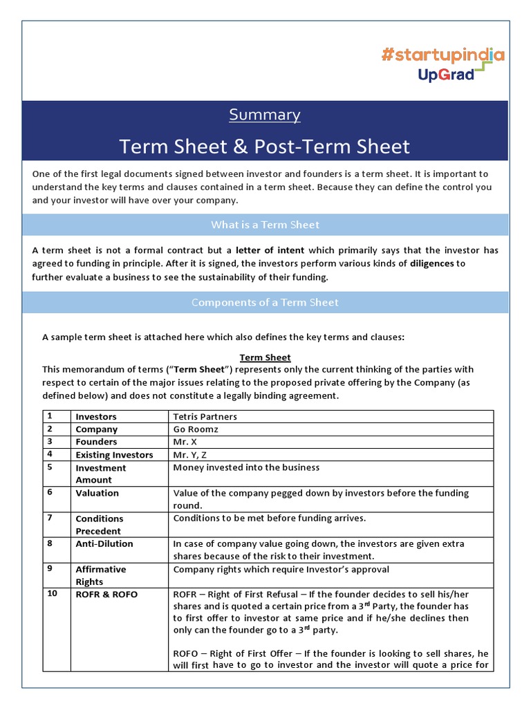 Summary - Term Sheet & Post Term Sheet | PDF | Investor | Investing