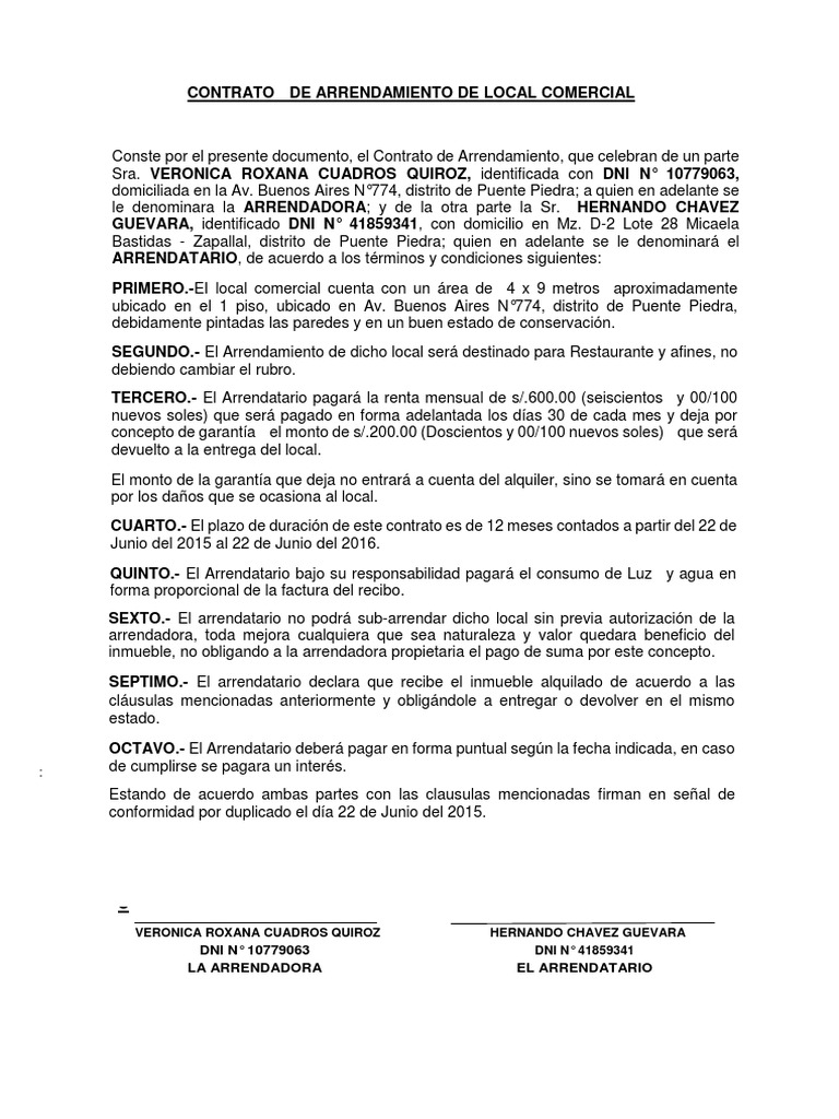 Contrato de Alquiler Local Comercial Una Hoja Alquiler Business
