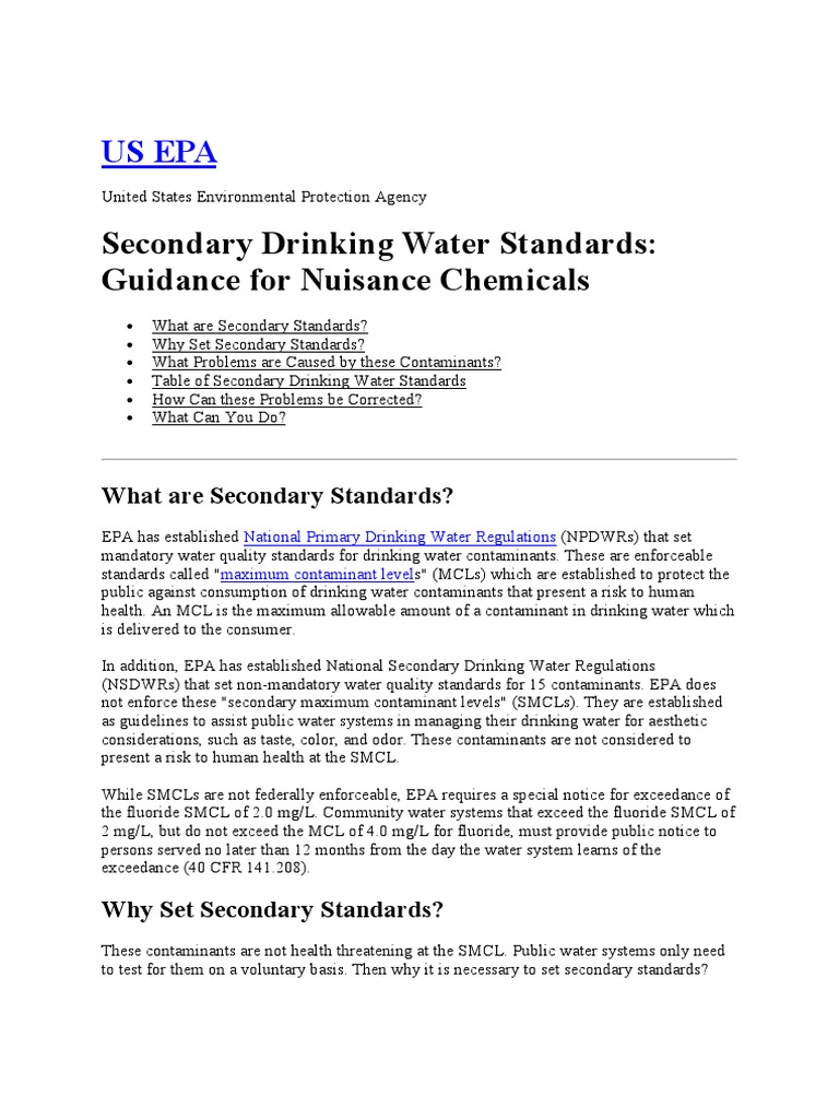 Secondary Drinking Water Standards Guidance For Nuisance Chemicals