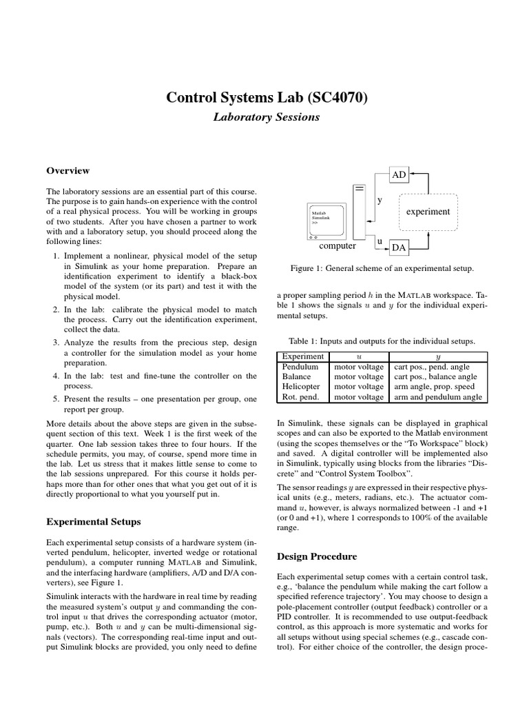 Control Systems Lab (SC4070) : Laboratory Sessions | PDF | Experiment ...
