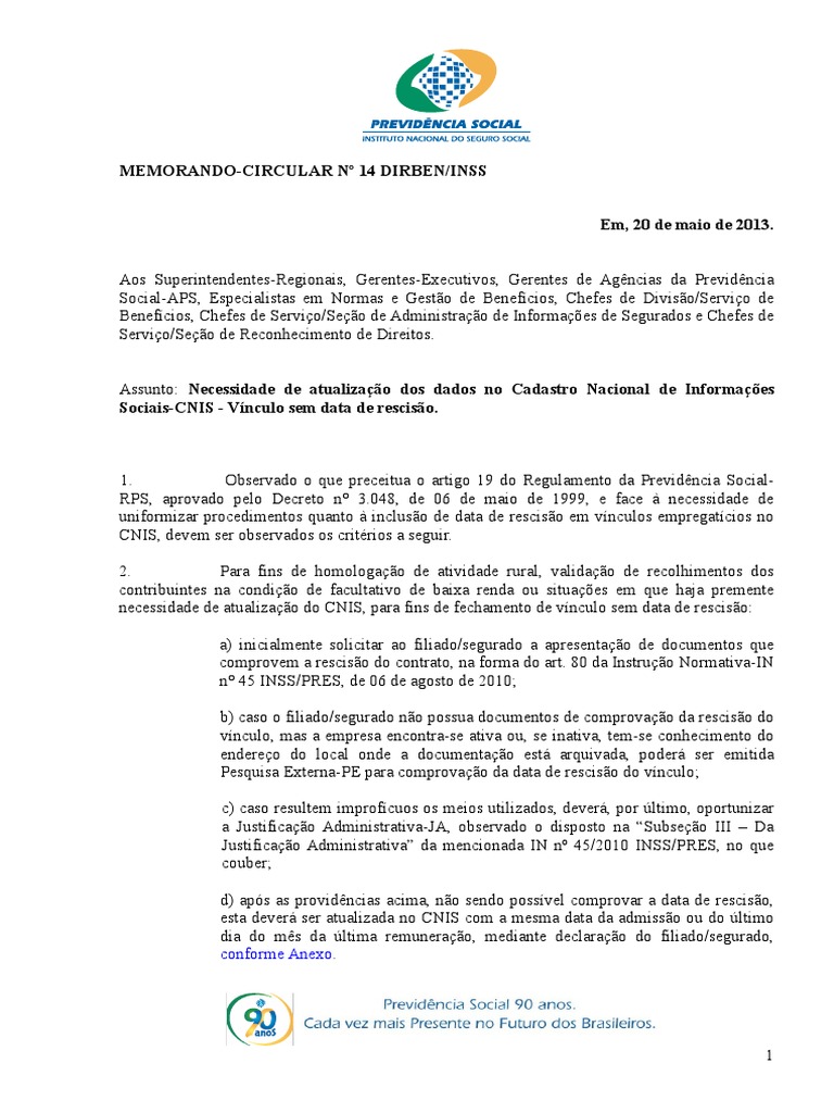 Memorando-Circular Nº 14 Dirben/Inss Em, 20 de maio de 2013 ...