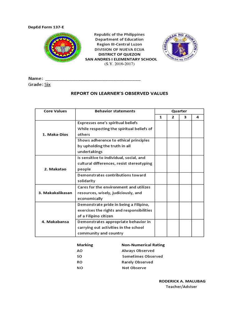 Name: - Grade: Six: Report On Learner'S Observed Values | PDF