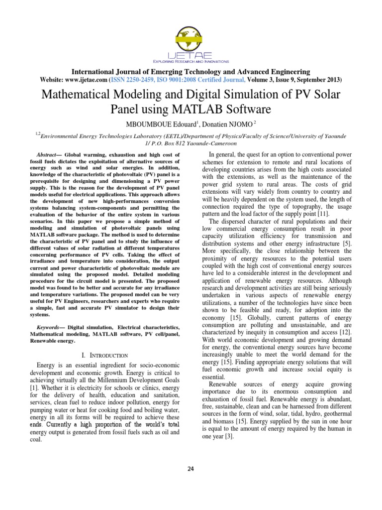 Mathematical Modeling and Digital Simulation of PV Solar PDF | PDF ...