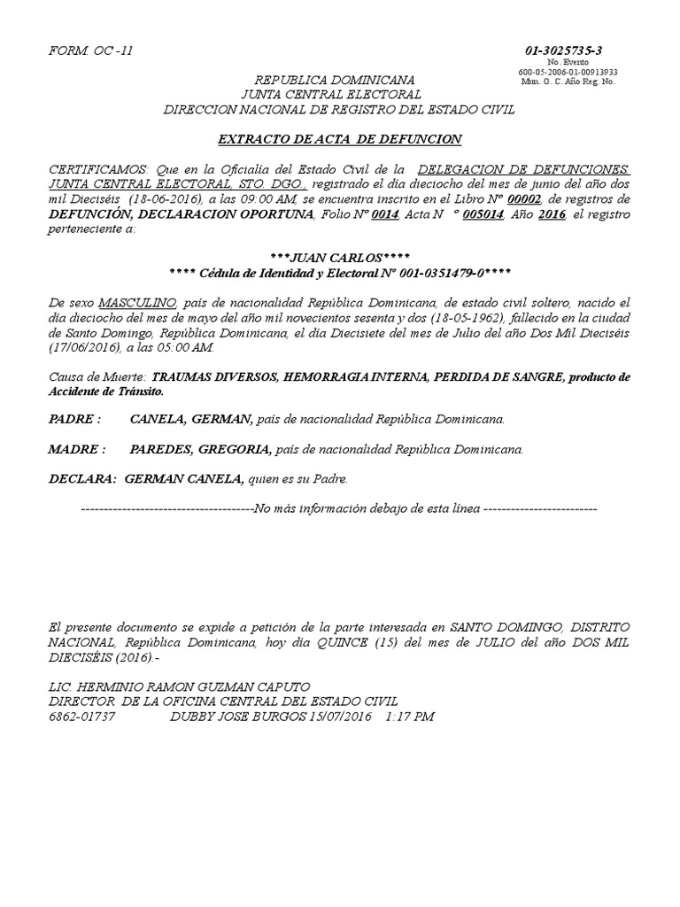 Acta Defunción Modelo.doc República Dominicana