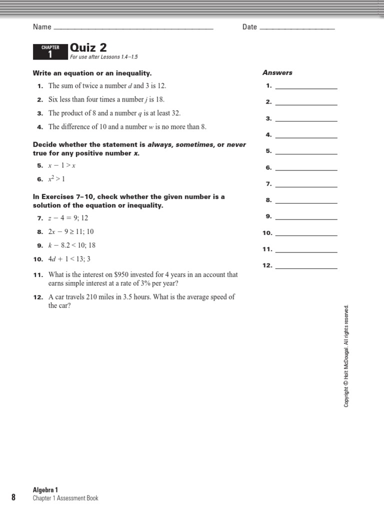 Holt Algebra 1 Chapter 01 Quiz 2 Pdf Algebra Teaching Mathematics