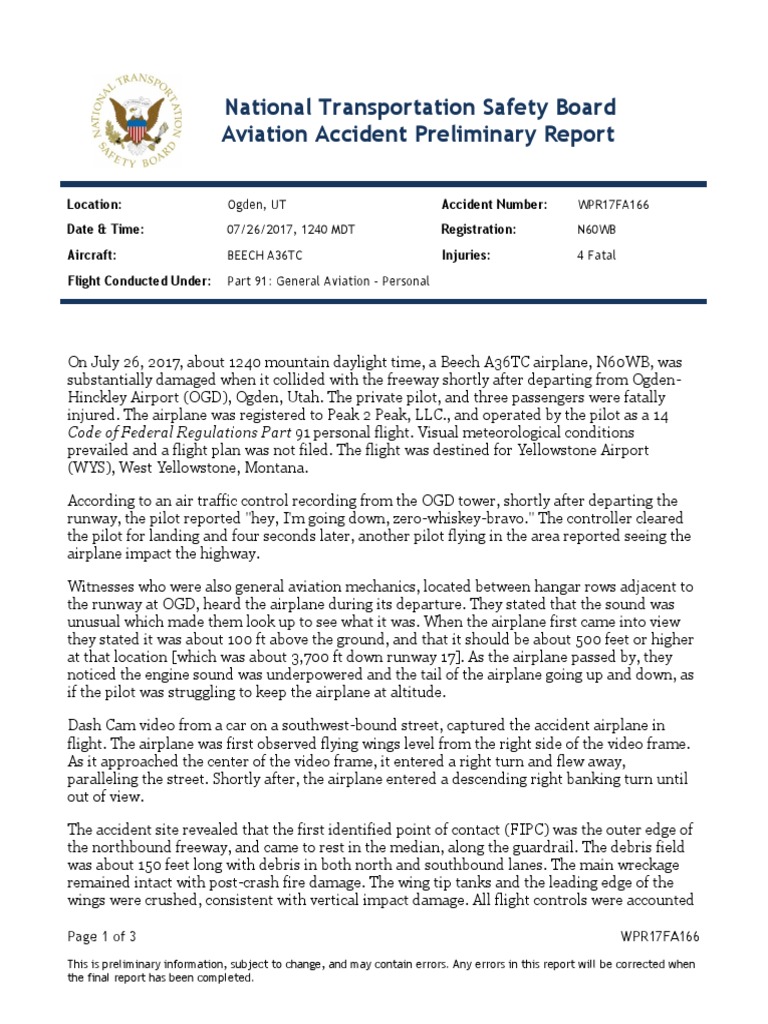 Aviation Accident Report: Ogden, UT | PDF | Airplane | Aviation ...