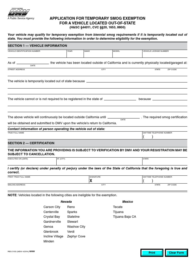 Application For Temporary Smog Exemption For A Vehicle Located Out 