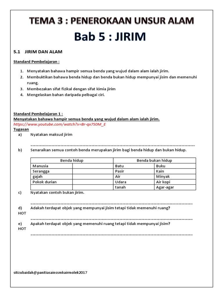 5.1 Jirim Dan Alam: Standard Pembelajaran