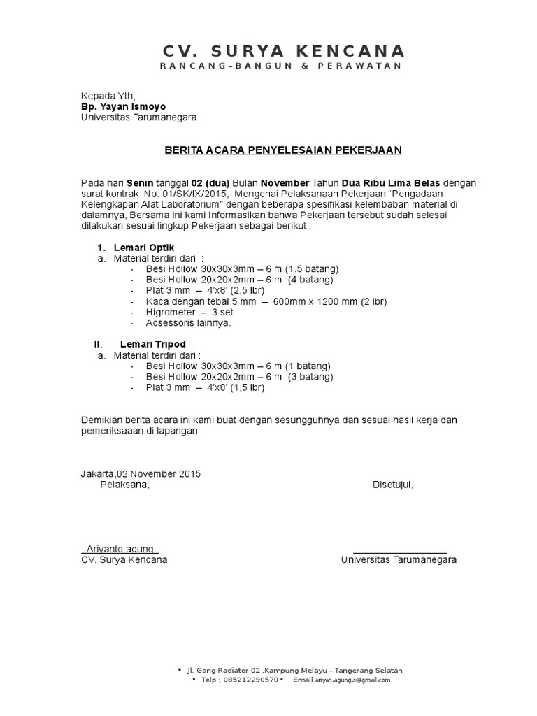 Berita Acara Penyelesaian Pekerjaan | PDF