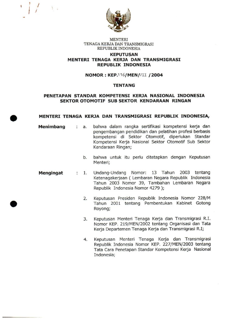SKKNI 2004-116 (Otomotif Sub Sektor Kendaraan Ringan) PDF | PDF