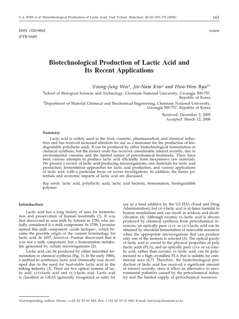 Biotechnological Lactic Acid Production | PDF | Lactic Acid | Fermentation