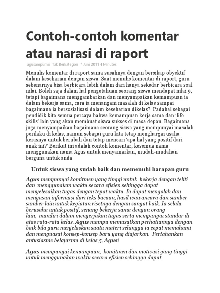 Contoh contoh komentar atau narasi di raport Untuk siswa yang sudah Contoh contoh komentar atau narasi di raport Untuk siswa yang sudah