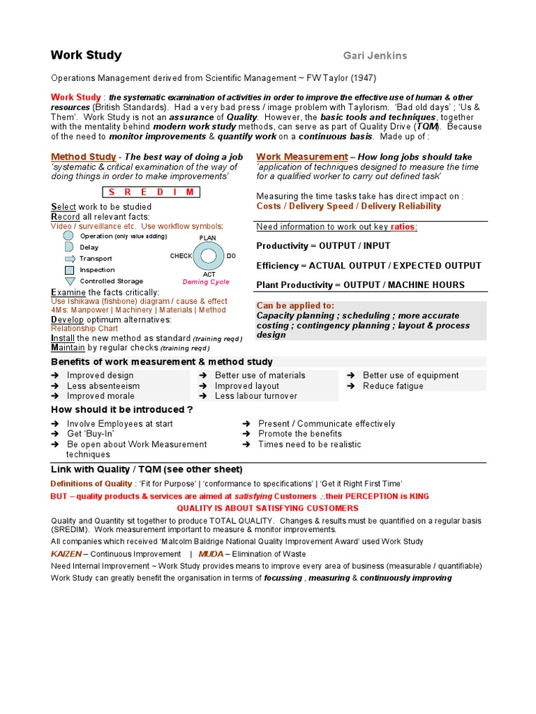 Work Study Techniques for Improvement | PDF | Quality (Business ...