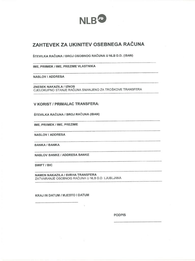 Formular NLB Za Zatvaranje Računa PDF | PDF