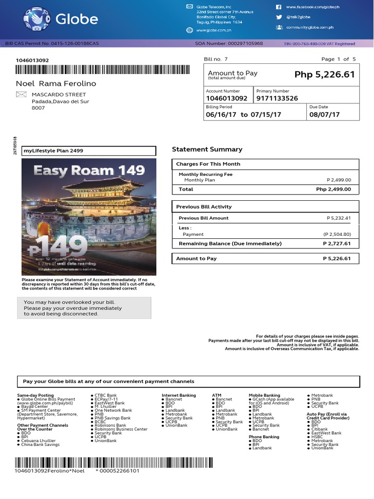Globe Billjuly 2017 Payments Value Added Tax