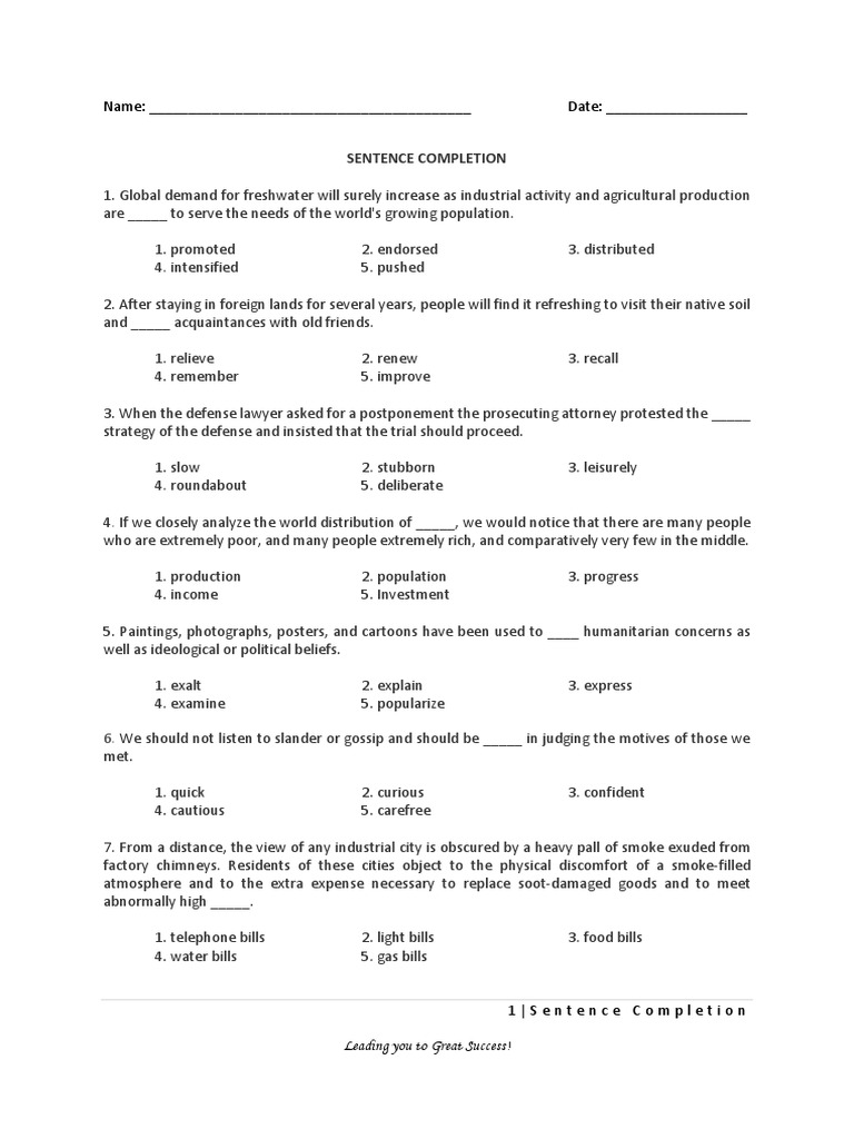 Sentence Completion (1-30) | PDF | Wellness