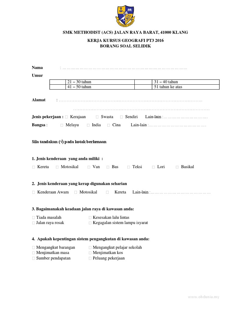Pengangkutan Awam Contoh Borang Soal Selidik Geografi 
