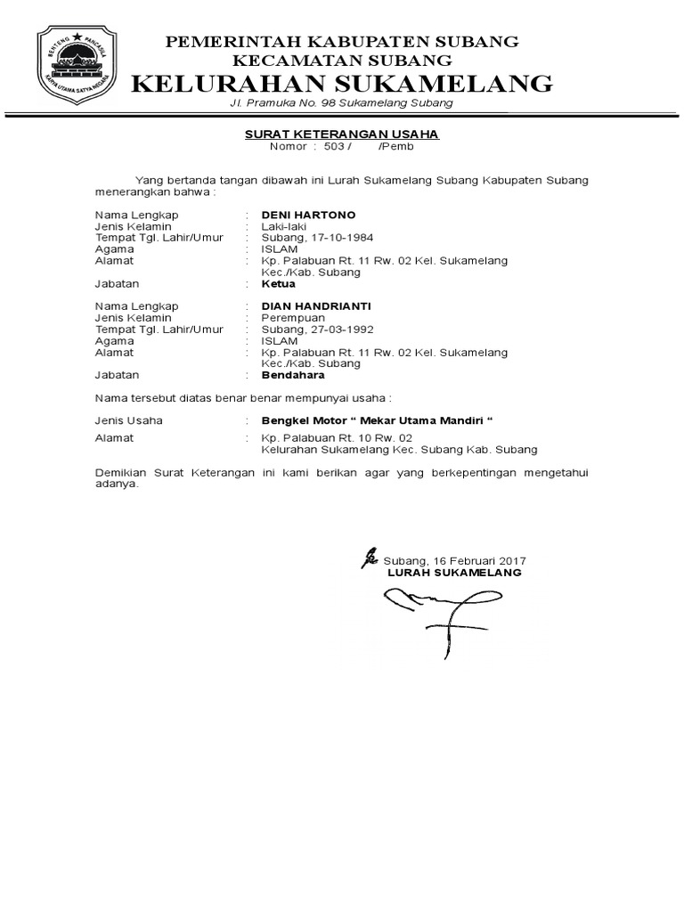Surat Keterangan Usaha