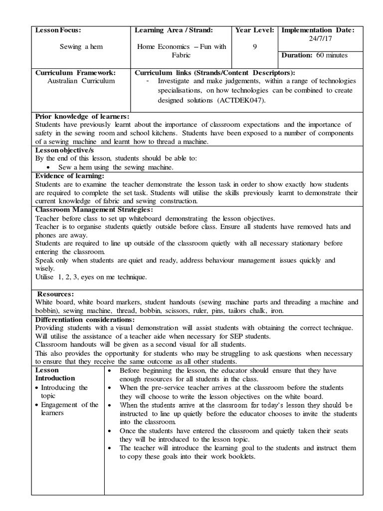Lesson Plan Sewing A Hem PDF Sewing Classroom