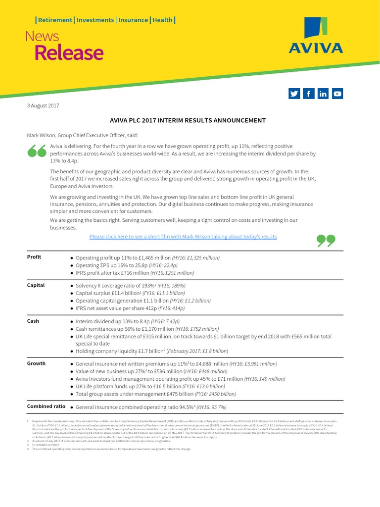 Aviva 2017 Interim Results Announcement PDF Dividend Investing