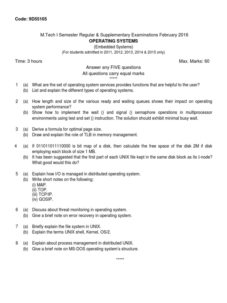 Operating Systems Exam Questions Covering Topics Such as OS Services