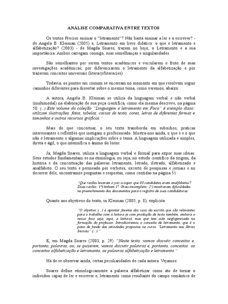 Análise Comparativa Entre Textos | PDF | Alfabetização | Escrita