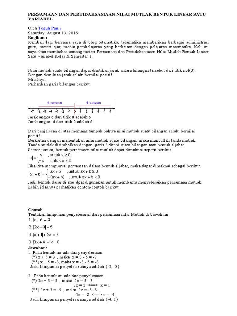 Persamaan Dan Pertidaksamaan Nilai Mutlak Bentuk Linear Satu Variabel
