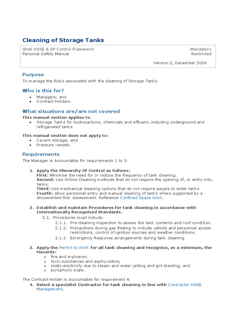 Storage Tank Cleaning Procedures Guide | PDF | Tanks | Risk