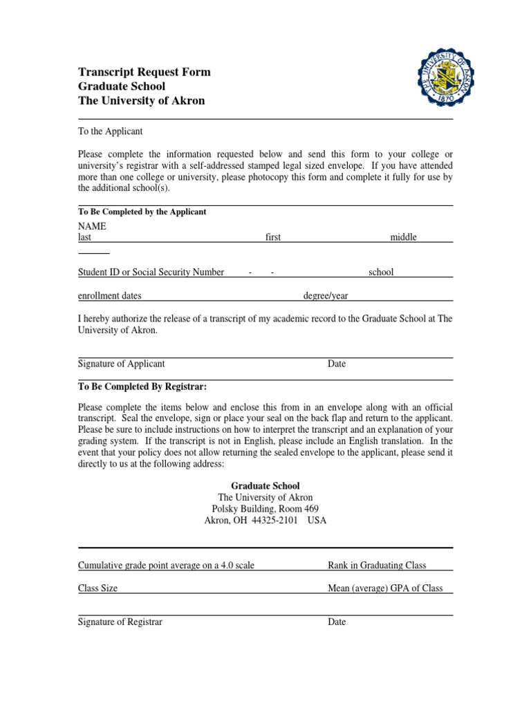 Transcript Request Form Graduate School The University of Akron | PDF