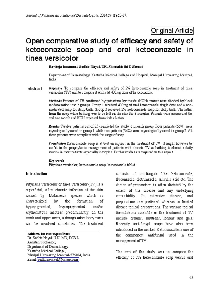 Open Comparative Study of Efficacy and Safety of Ketoconazole Soap and Oral Ketoconazole in