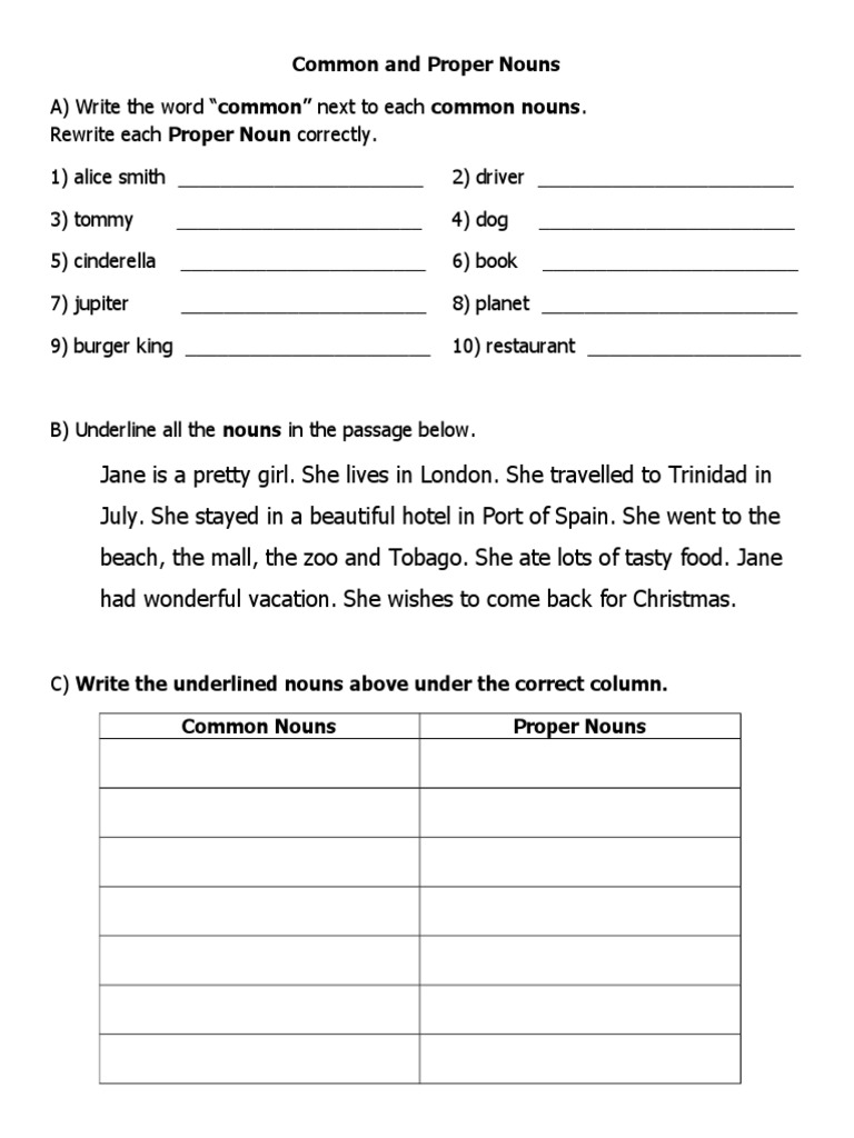 Common and Proper Nouns Worksheet Evaluation | PDF | Semantic Units |  Linguistic Morphology, image size:768x1024