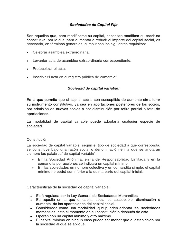 Sociedades de Capital Fijo y Variable | PDF | Sociedad de ...