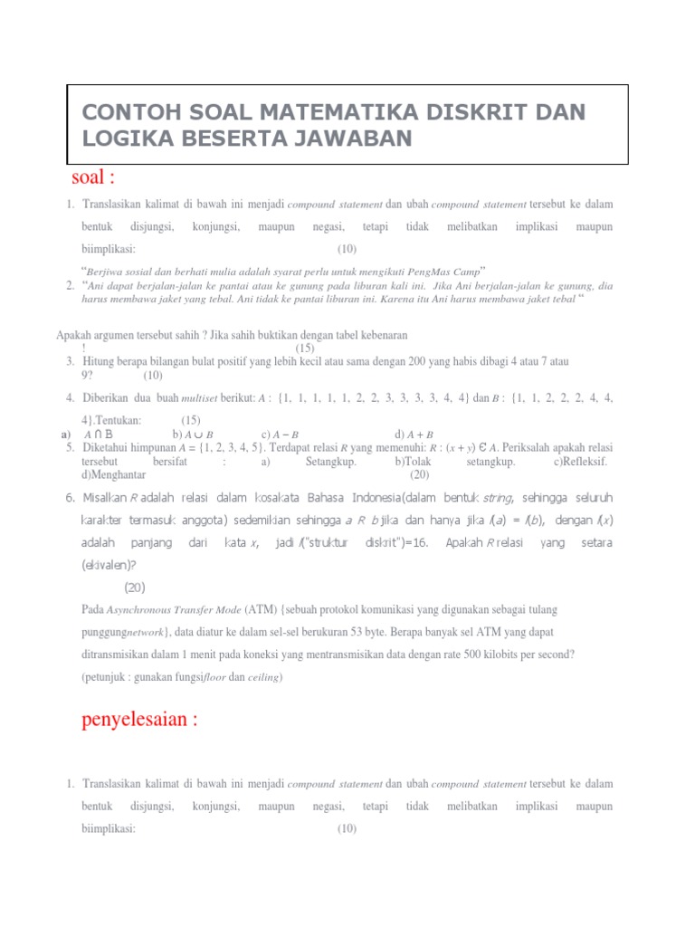 Dokumen Tips Contoh Soal Matematika Diskrit Dan Logika Beserta Jawaban Docx