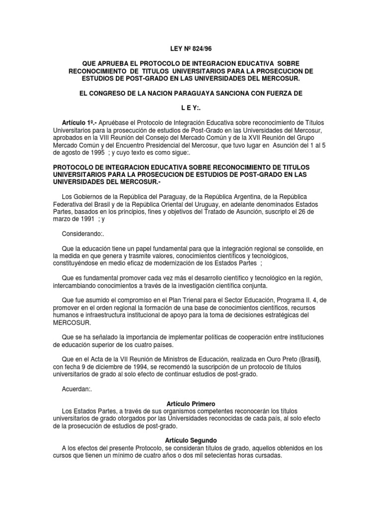 Ley 824 Que Aprueba El Protocolo de Integracion Educativa Sobre