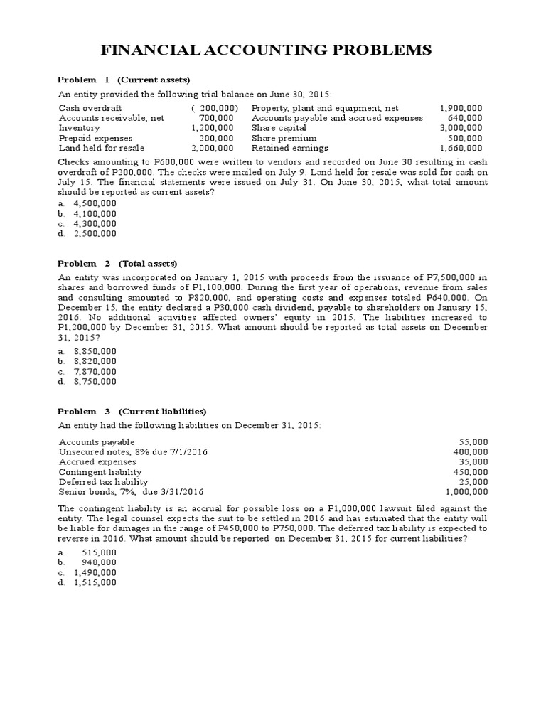 Financial Accounting Problem Set | PDF | Business | Finance & Money ...