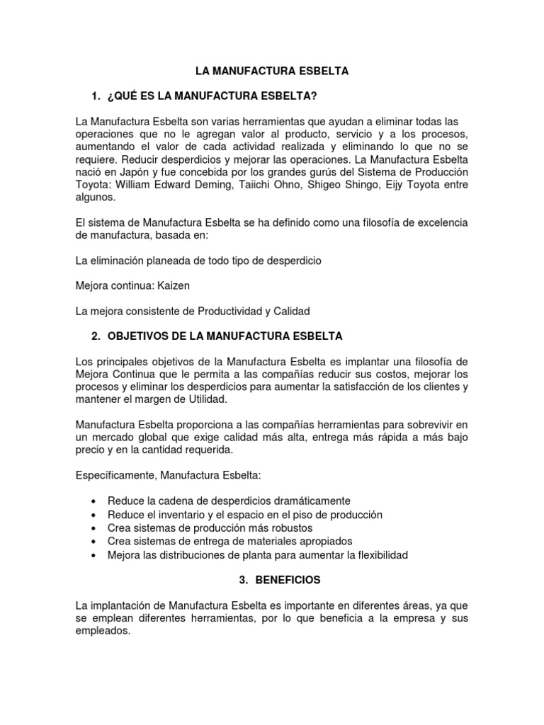 Objetivos y Beneficios de la Manufactura Esbelta | PDF | Lean ...