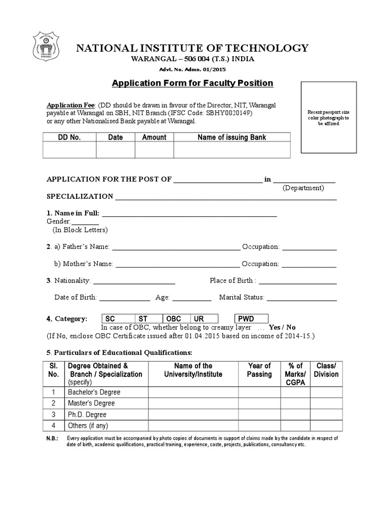 NIT Warangal Faculty Application Form | PDF | Business