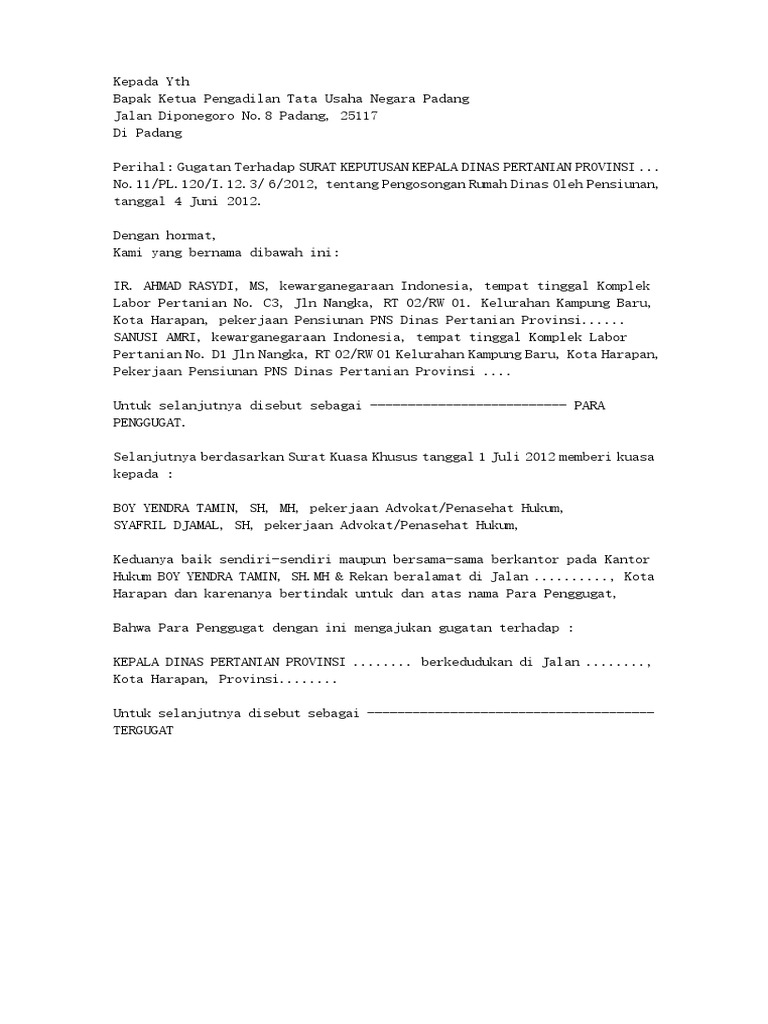 Contoh Surat Gugatan Tata Usaha Negara