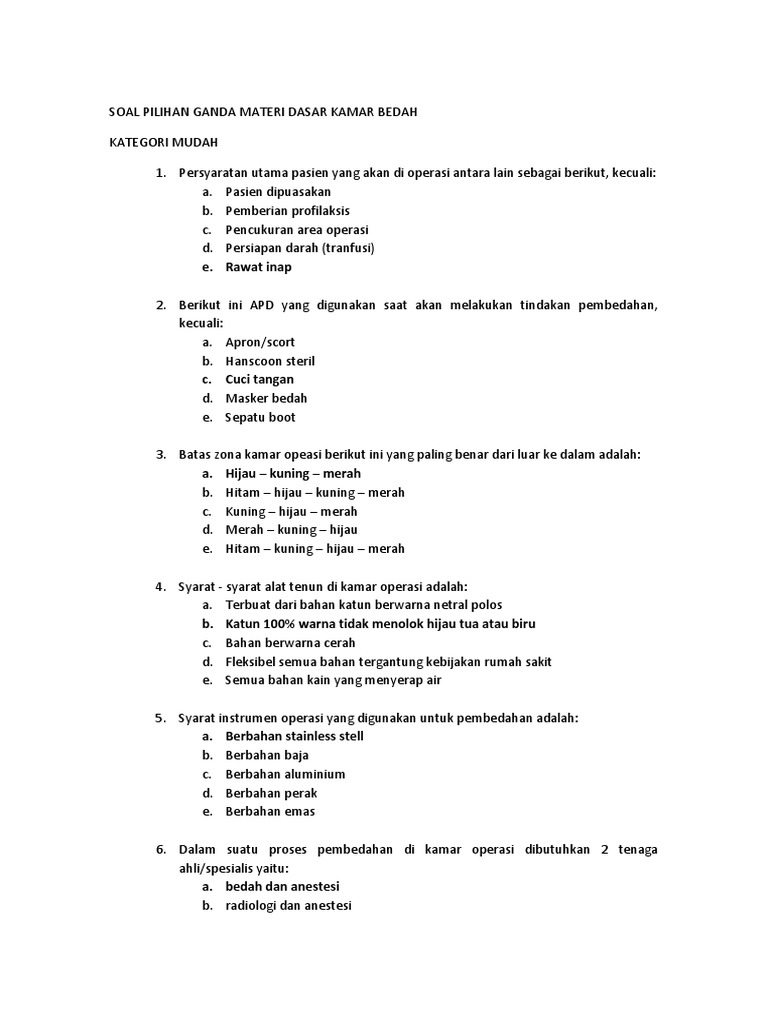 Soal Pilihan Ganda Materi Dasar Kamar Bedah