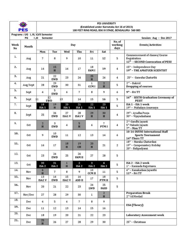 PES University Academic Calendar 2025 | PDF
