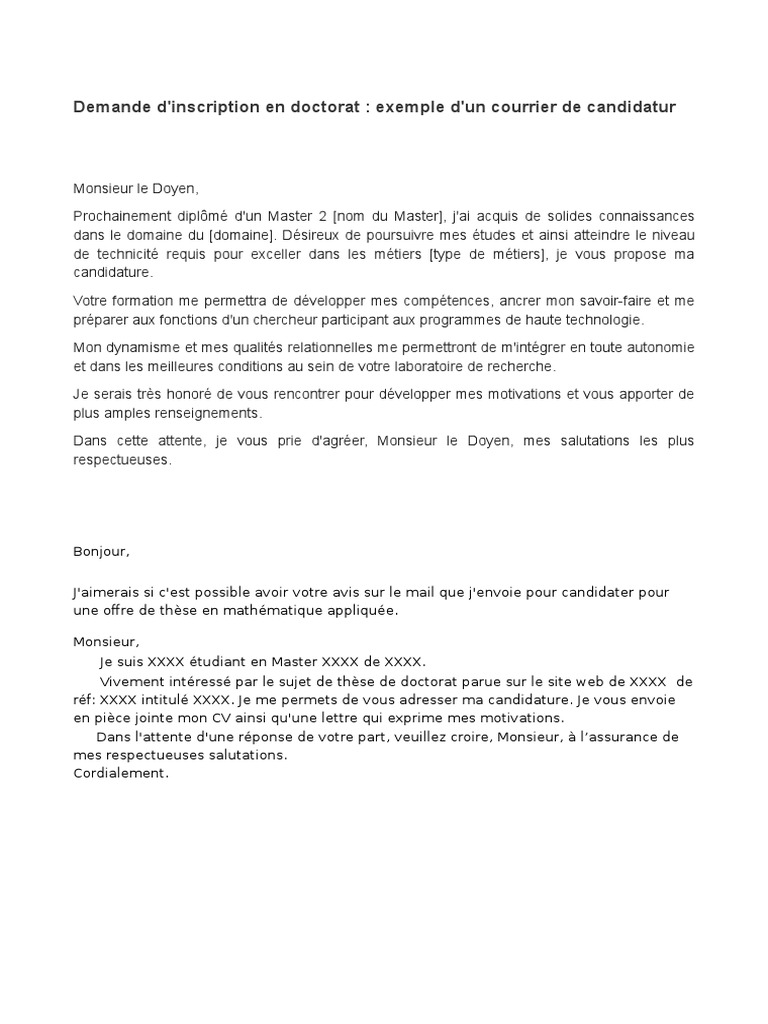 Model Lettre Motivation Doctorat | PDF | Doctorat | Science