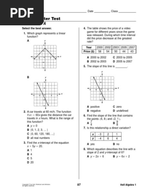 Holt Algebra 1 Chapter 5 Test Cartesian Coordinate System Equations