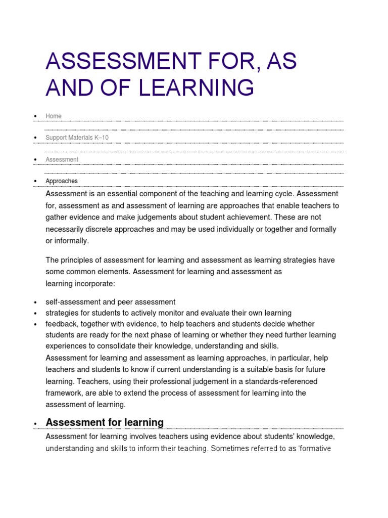 Understanding the Approaches of Assessment for Learning, Assessment as ...
