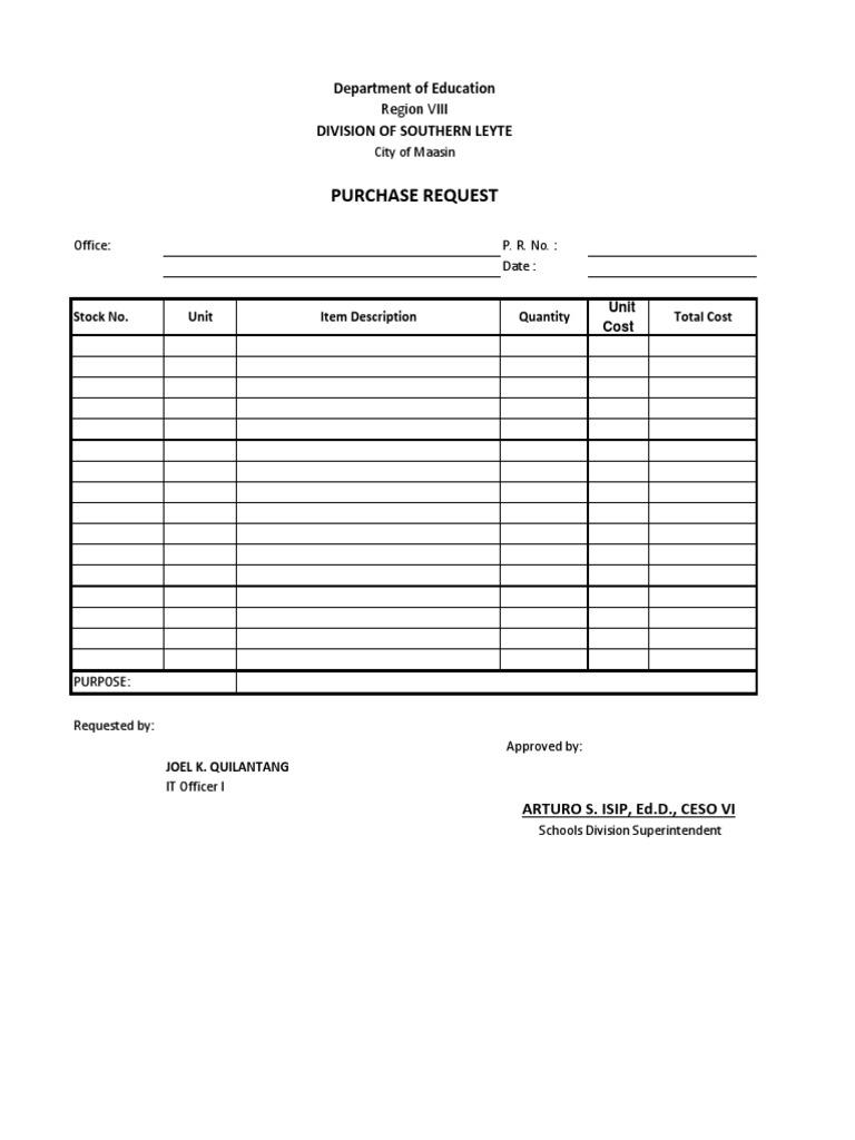 Purchase request department of education division of southern leyte pdf