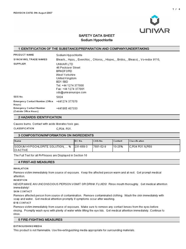 Sds Sodium Hypochlorite Personal Protective Equipment Chlorine
