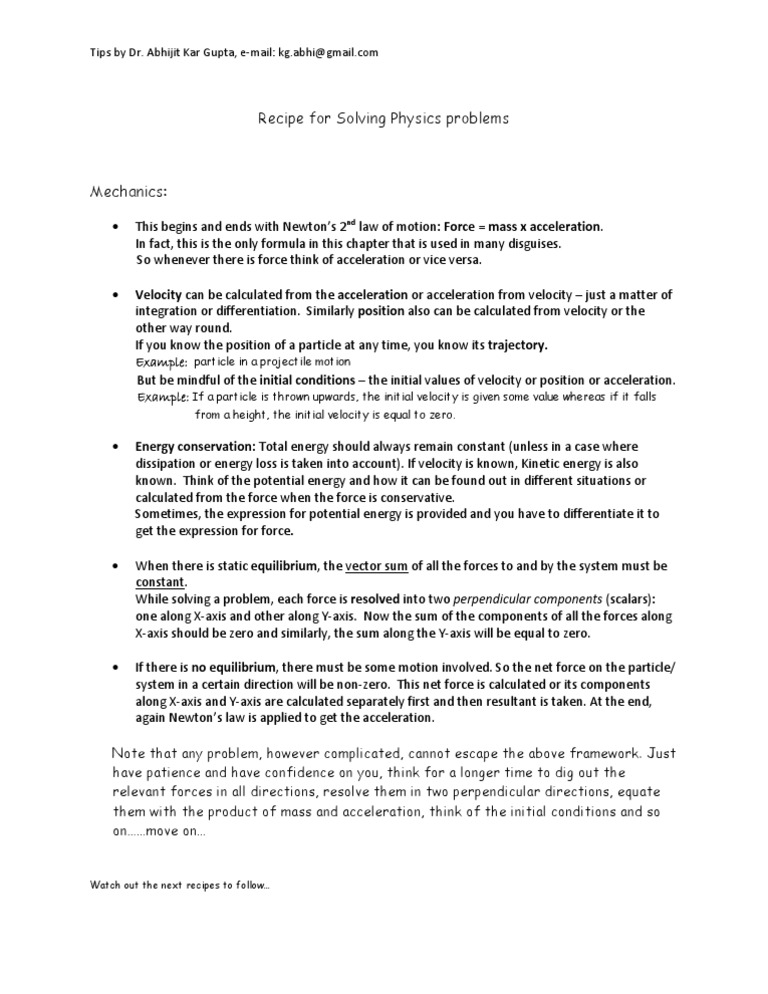 Recipe For Solving Physics Problems: Mechanics | PDF | Acceleration | Force