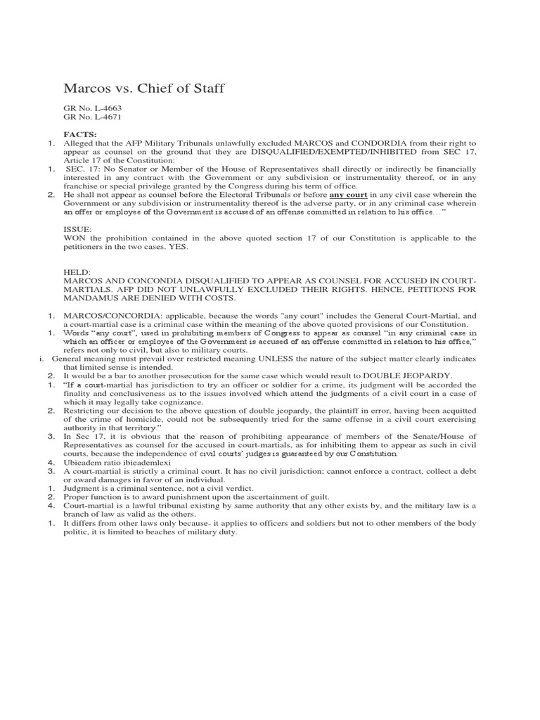 Marcos Vs Chief of Staff PDF Court Martial Double Jeopardy