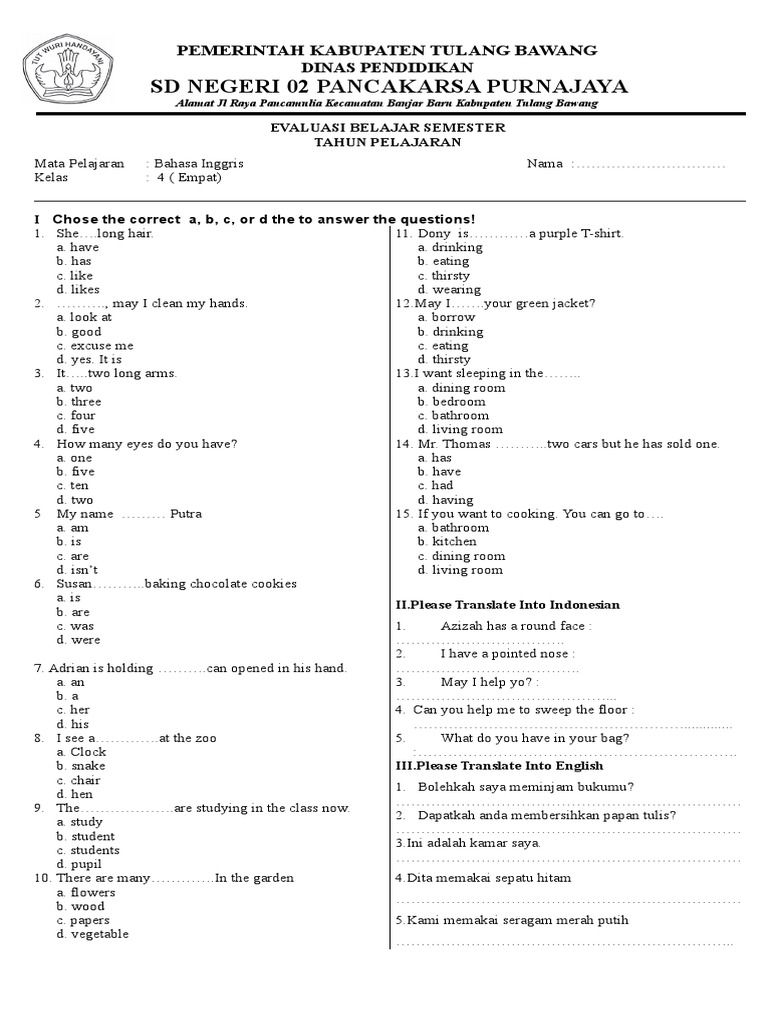 Soal Bahasa Inggris Kelas 4 SD Foods